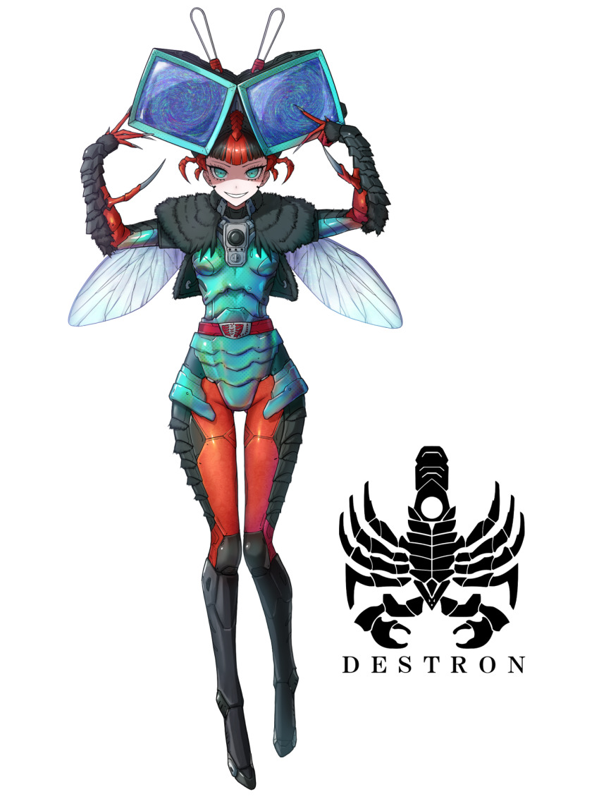 1girl arms_up arthropod_girl belt belt_buckle black_hair blue_eyes buckle commentary crt cyborg eidenjyou1997 english_commentary fly_girl genderswap genderswap_(mtf) highres insect_wings iridescent kamen_rider kamen_rider_v3_(series) logo monster_girl multicolored_hair radio_antenna red_belt red_hair simple_background smile solo teeth televi_bae television white_background wings