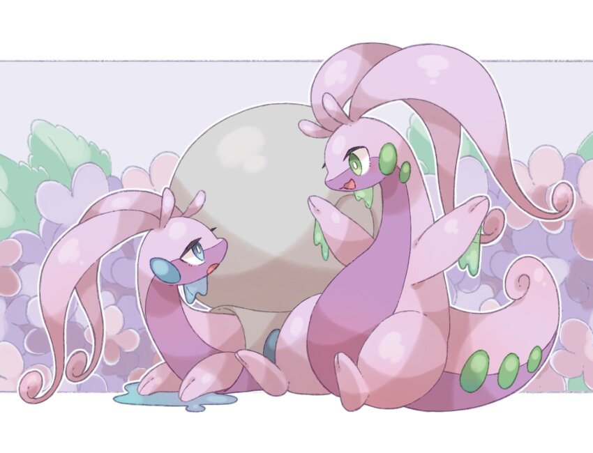 animal_focus blue_eyes border colored_skin commentary_request creatures_(company) eyelashes floral_background game_freak gen_6_pokemon goodra green_eyes highres hisuian_goodra letterboxed nintendo no_humans open_mouth pokemon pokemon_(creature) purple_background purple_skin shell simple_background sitting slime_(substance) tail towa_(clonea) white_border