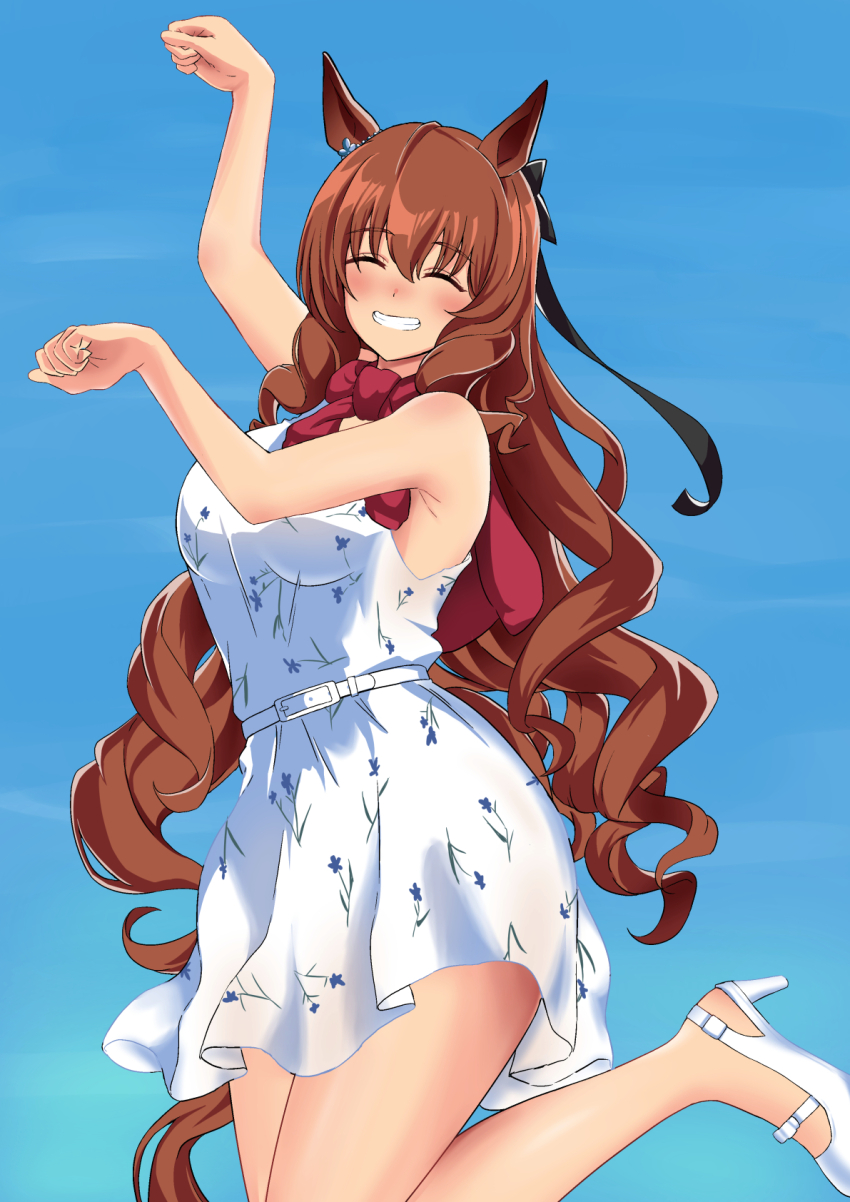1girl animal_ears armpits bare_shoulders black_bow blue_sky blush bow breasts brown_hair closed_eyes closed_mouth commentary_request dress ear_bow ear_ornament facing_viewer horse_pose grin hair_between_eyes hair_bow hakase_yurisuki high_heels highres horse_ears horse_girl long_hair maruzensky_(umamusume) medium_breasts neckerchief official_alternate_costume outdoors red_neckerchief sky sleeveless sleeveless_dress smile solo umamusume very_long_hair white_dress white_footwear