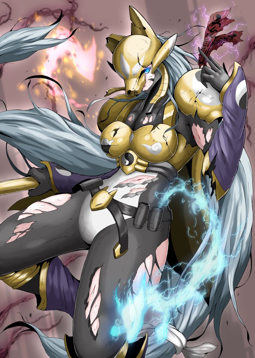 1girl armor black_bodysuit blue_eyes bodysuit broken_arm broken_mask cowboy_shot cracked_mask digimon digimon_(creature) digimon_tamers electricity embers energy fire fox_mask gold_armor grey_hair highres holding long_hair mask ofuda sakuyamon sawa_d solo talisman torn_bodysuit torn_clothes very_long_hair yin_yang