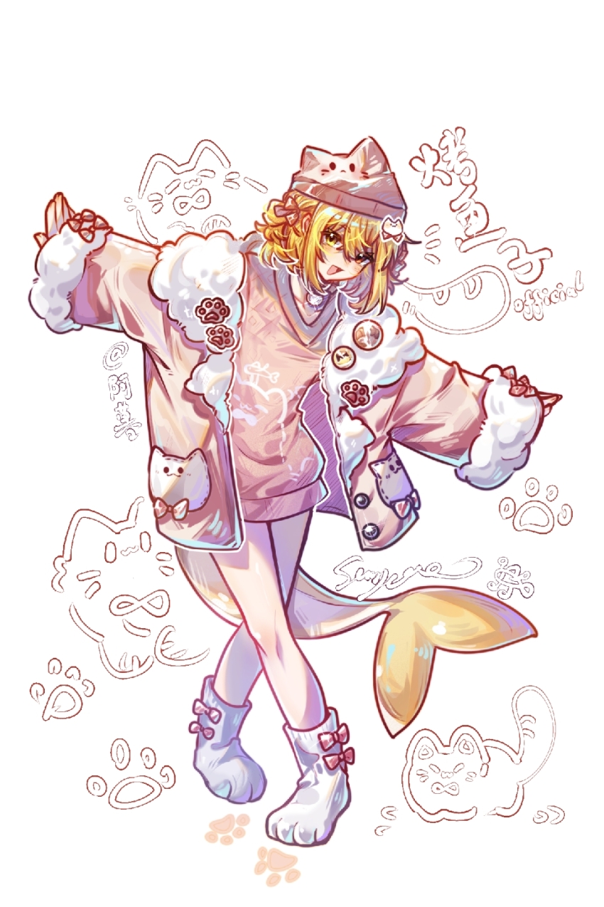 1girl animal_hair_ornament animal_hat bilibili_385617619 blonde_hair blush bow cat cat_hat cat_paw chinese_commentary coat commentary_request crossed_legs doodle_inset facing_viewer fins fish_tail full_body fur_trim gift_art hair_between_eyes hair_bow hat head_tilt heterochromia highres indie_virtual_youtuber kaofish long_bangs looking_at_viewer nightcap open_mouth paw_socks pink_coat pink_sweater red_eyes shark_tail signature sleeves_past_wrists smile socks sweater tail white_background white_socks yellow_eyes