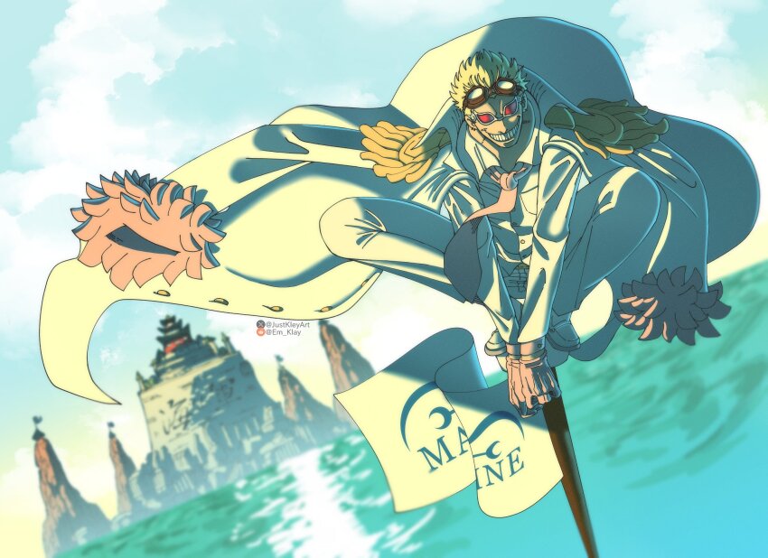 1boy blonde_hair coat coat_on_shoulders donquixote_doflamingo epaulettes goggles goggles_on_head grin highres justkleyart male_focus marine_uniform_(one_piece) marineford necktie ocean one_piece pink_necktie short_hair smile solo squatting white_coat