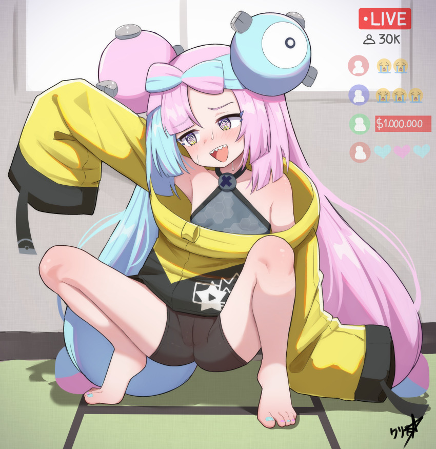 1girl @_@ absurdres bare_shoulders barefoot bike_shorts black_shorts blue_hair blue_nails blush boppin bow-shaped_hair cameltoe commission crying_emoji embarrassed emoji feet flat_chest full_body highres indoors iono_(pokemon) jacket loli long_hair long_sleeves multicolored_hair multicolored_nails nail_polish nervous_sweating nintendo open_mouth oversized_jacket paid_reward_available pink_hair pink_nails pokemon pokemon_sv purple_eyes sharp_teeth short_shorts shorts signature sleeves_past_fingers sleeves_past_wrists solo split-color_hair squatting sweat teeth toenail_polish toenails toes twintails two-tone_hair uohhhhhhhhh!_(meme) upper_teeth_only variant_set very_long_hair yellow_jacket
