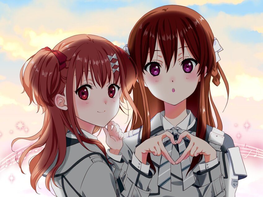 22/7 bow bowtie braid braided_hair_rings brown_eyes brown_hair dress grey_dress hair_ribbon hair_rings hand_on_own_chin heart heart_hands highres kamisama_datte_kimerarenai long_hair long_sleeves looking_at_viewer nanairo_(nanairo227) purple_eyes red_ribbon ribbon shirt tachikawa_ayaka twin_braids two_side_up upper_body white_ribbon white_shirt