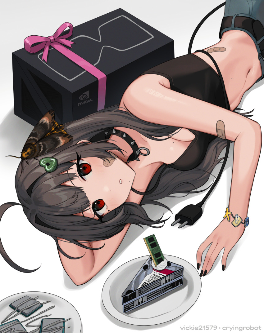 1girl ahoge animal animal_on_head arm_support artist_name bandaid bandaid_on_arm bandaid_on_cheek bandaid_on_face bare_arms bare_shoulders black_nails black_shirt box bracelet breasts brown_hair bug cable cable_tail cake cake_slice circuit_board cleavage clippy collar commentary computer_chip cpu crop_top cropped_shirt electric_plug electric_plug_tail food gift gift_box hair_intakes hair_ornament hard_drive heart heart_hair_ornament highres insect jewelry long_hair looking_at_viewer lying mechanical_tail medium_breasts midriff mole mole_on_breast mole_on_stomach mole_under_eye moth nail_polish navel nvidia on_head on_side original parted_lips pink_ribbon plate ram_(computer) red_eyes ribbon ringed_eyes shirt sleeveless sleeveless_shirt solo spaghetti_strap spiked_collar spikes tail thermal_paste upper_body vickie_(cryingrobot) vickie_(cryingrobot)_(character) white_background
