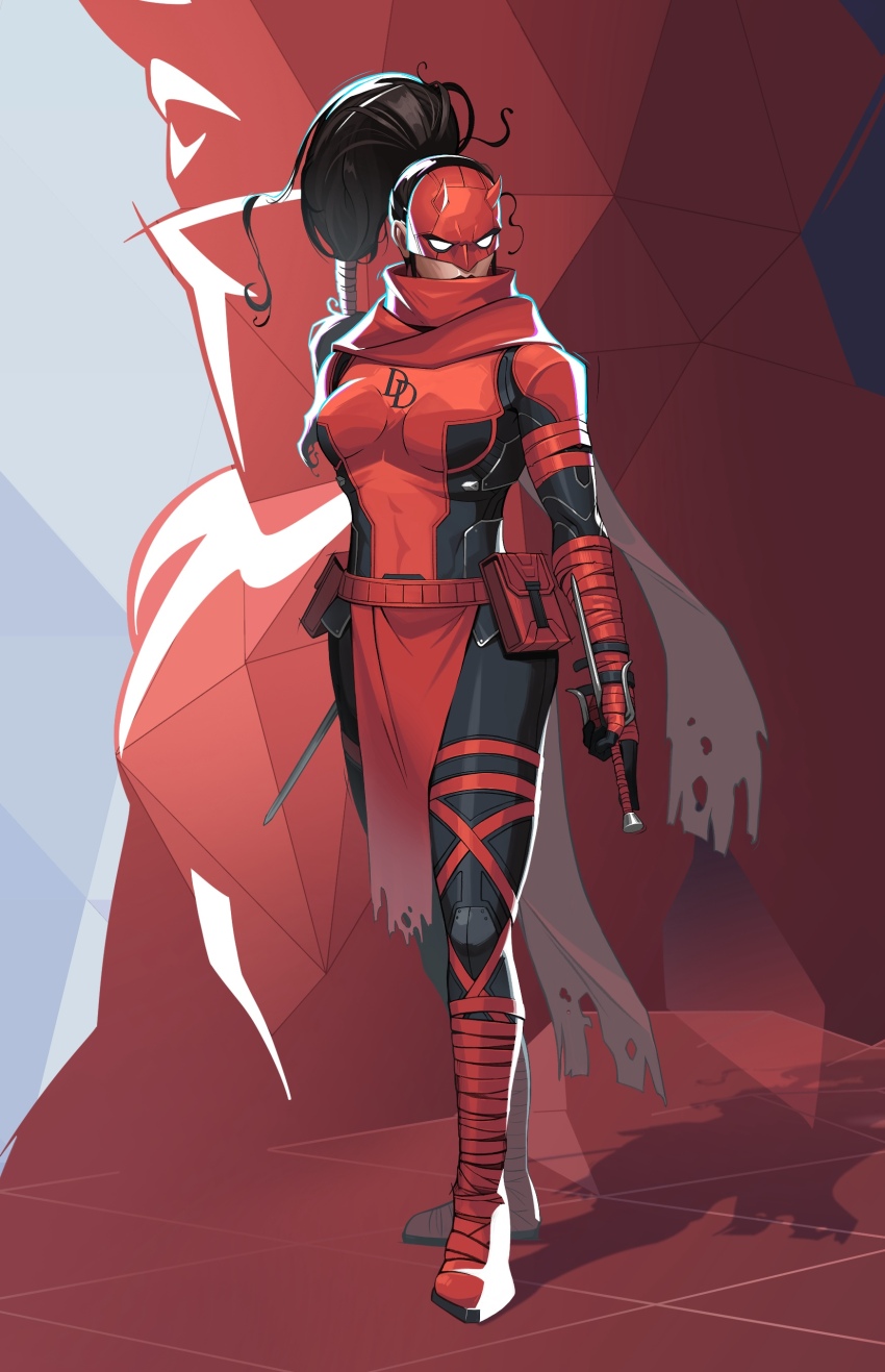 1girl absurdres black_bodysuit black_hair black_pants bodysuit daredevil elektra_natchios highres holding holding_weapon horned_mask inkarat leg_wrap long_hair marvel mask pants pelvic_curtain ponytail red_bodysuit red_mask red_scarf sai_(weapon) scarf solo superhero_costume thunderpowered two-tone_bodysuit weapon