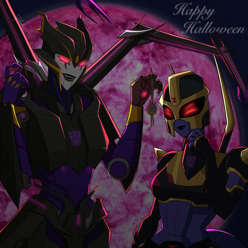 2girls airachnid black_lips black_panties blackarachnia breasts colored_skin decepticon glowing glowing_eyes helmet highres humanoid_robot medium_breasts multiple_girls panties promise_blue2 purple_skin red_eyes robot science_fiction transformers transformers_animated transformers_prime underwear