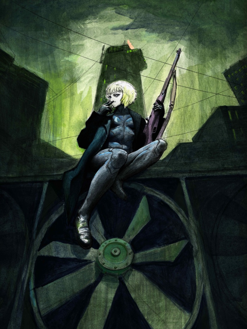 1girl atmospheric_perspective black_boots black_gloves blue_eyes bolt_action boots breasts building cigarette city city_lights cityscape cloud cloudy_sky coat commentary cyborg electric_fan english_commentary esteban_sanchez foot_dangle from_below full_body gloves green_hair green_sky green_theme gun hair_ornament hairclip haze highres holding holding_cigarette holding_gun holding_weapon joints leaning_to_the_side looking_at_viewer marie_(peripeteia) mechanical_legs mosin-nagant on_roof open_clothes open_coat outdoors painting_(medium) peripeteia power_lines rifle robot_joints short_hair sitting sketch sky skyscraper small_breasts smog smoking solo traditional_media trench_coat turning_head urban weapon