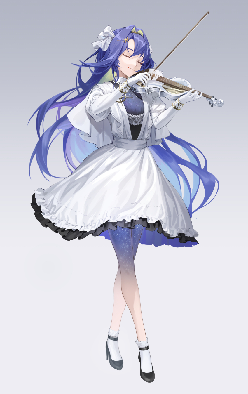 1girl absurdres alohayuja ankle_socks black_footwear black_hairband blonde_hair blue_hair bow_(music) closed_eyes closed_mouth colored_inner_hair crossed_legs dress floating_hair frilled_dress frills full_body gloves hair_intakes hair_ornament hairband hands_up high_heels highres holding holding_bow_(music) holding_instrument holding_violin instrument juliet_sleeves long_hair long_sleeves multicolored_hair music playing_instrument puffy_sleeves reverse:1999 short_dress smile socks solo standing star_(symbol) star_hair_ornament starry_skin very_long_hair violin voyager_(reverse:1999) watson_cross white_dress white_gloves white_socks