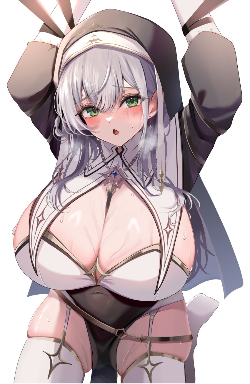 1girl absurdres arms_up black_hat blush breast_curtains breasts cleavage commentary_request covered_navel garter_straps green_eyes grey_hair hat highres hinoki_kahun0 hololive huge_breasts jewelry kneeling long_hair looking_at_viewer looking_up necklace nun official_alternate_costume official_alternate_hairstyle open_mouth pelvic_curtain restrained shiny_skin shirogane_noel shirogane_noel_(battle_nun) skindentation solo sweat thighhighs virtual_youtuber white_background white_garter_straps white_thighhighs