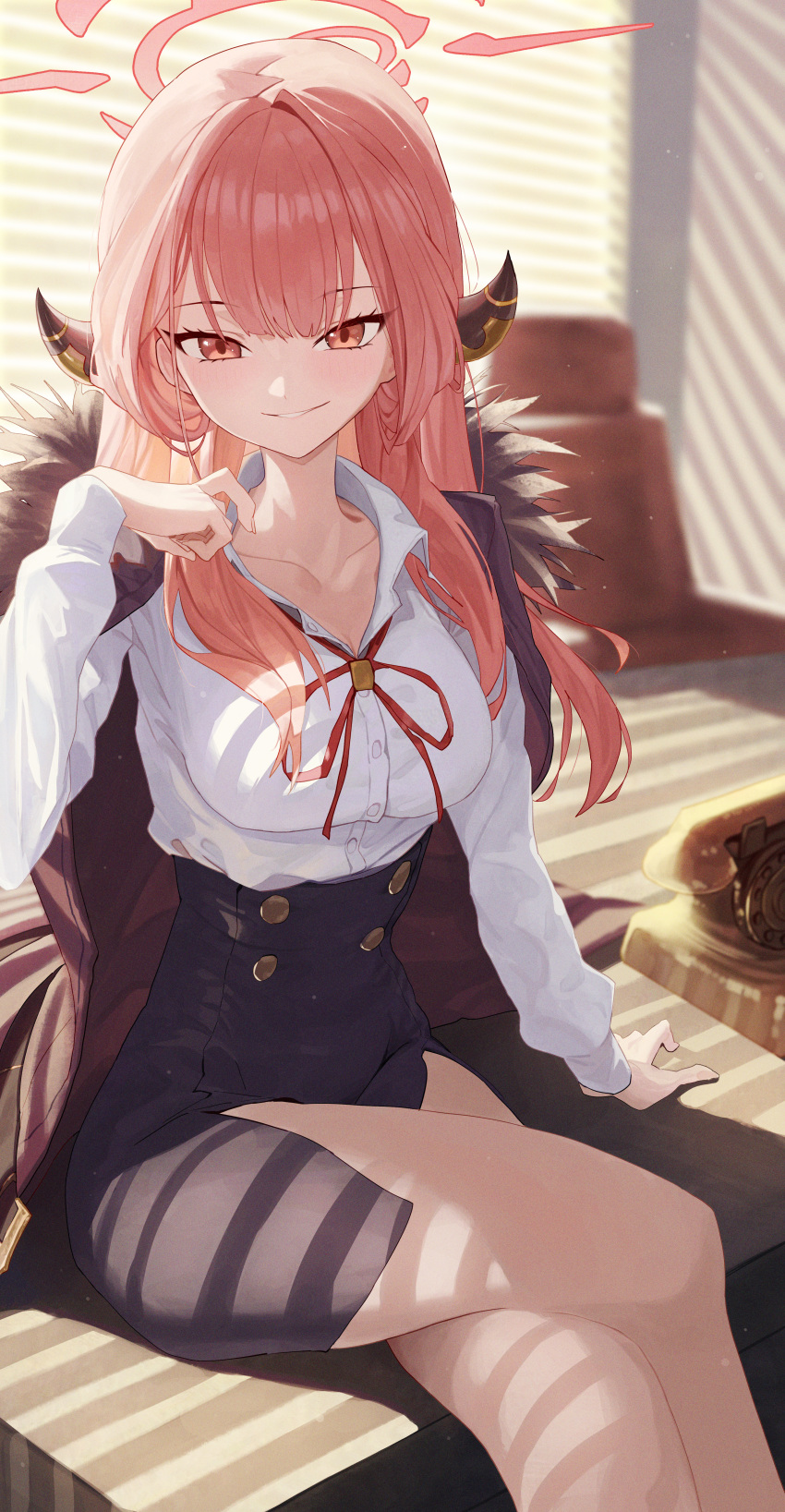 1girl absurdres antique_phone aru_(blue_archive) black_skirt blue_archive breasts brown_coat buttons chair coat commentary_request crossed_legs demon_horns desk fur-trimmed_coat fur_trim halo high-waist_skirt highres horns long_hair long_sleeves looking_at_viewer medium_breasts miniskirt on_desk open_clothes open_coat parted_lips pink_eyes pink_hair pink_halo re_naya red_ribbon ribbon shirt sitting skirt smile solo white_shirt window
