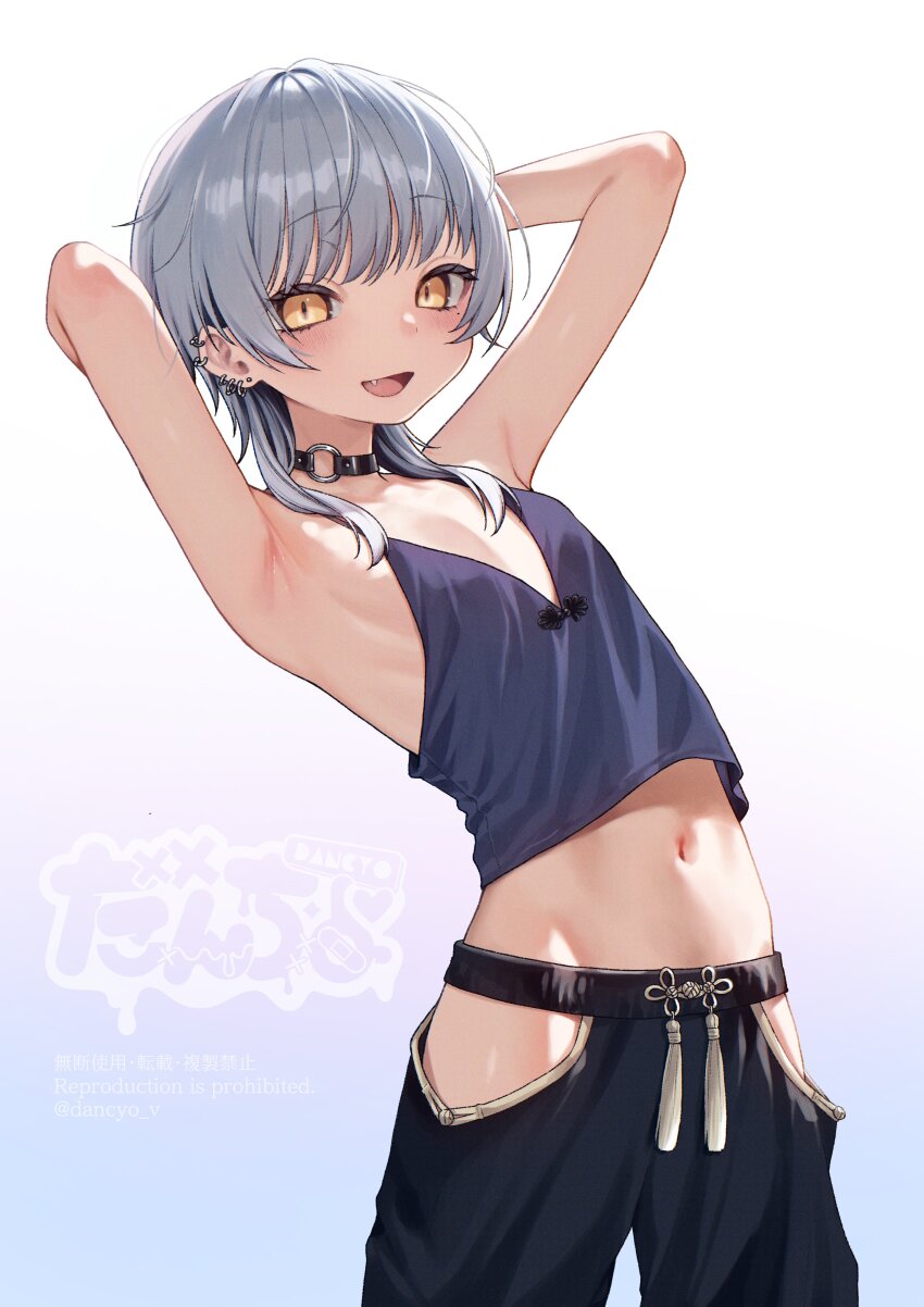 1girl absurdres armpits arms_up bare_shoulders breasts choker commission crop_top dancho_(dancyo) grey_hair highres indie_virtual_youtuber looking_at_viewer medium_hair navel open_mouth orange_eyes side_slit skeb_commission slit_pupils small_breasts smile solo tassel virtual_youtuber wolf_cut yuu_(yu_goth1c)