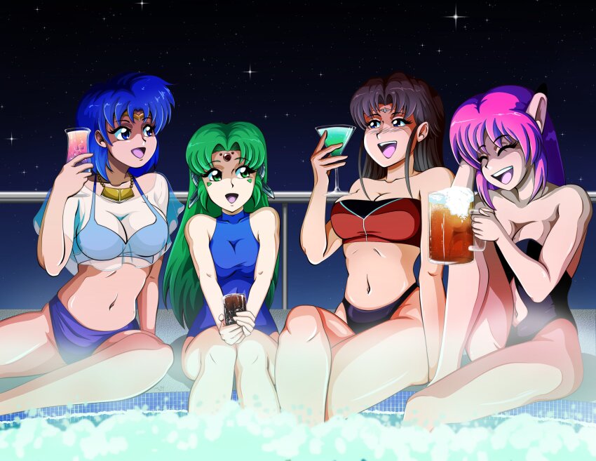 4girls absurdres alcohol android beer beer_mug bikini black_one-piece_swimsuit blue_bikini blue_eyes blue_hair blue_one-piece_swimsuit breasts bubble casual_one-piece_swimsuit cleavage closed_eyes clothing_cutout cocktail cocktail_glass crossed_legs cup drink drinking_glass drunk fal_(phantasy_star) forehead_jewel furena green_eyes green_hair hand_on_floor hand_on_own_head highleg highleg_bikini highres holding holding_cup hot_tub hurricane_glass ice ice_cube jewelry kyra_tierney laughing legs_together long_hair lyla_brangwin mug multicolored_swimsuit multiple_girls navel navel_cutout necklace night night_sky one-piece_swimsuit parted_bangs phantasy_star phantasy_star_iv pink_hair pointy_ears pool robot_ears see-through_clothes see-through_shirt shirt short_hair sky smile soda star_(sky) starry_sky steam strapless strapless_bikini strapless_one-piece_swimsuit swimsuit tedbob84 teeth tiara toasting_(gesture) tube_top upper_teeth_only