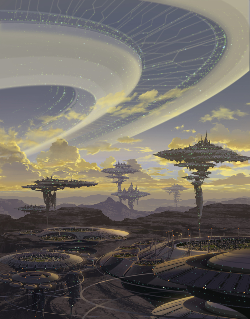 canyon city cloud highres landscape magewappa_z megastructure mountain no_humans original scenery science_fiction sky