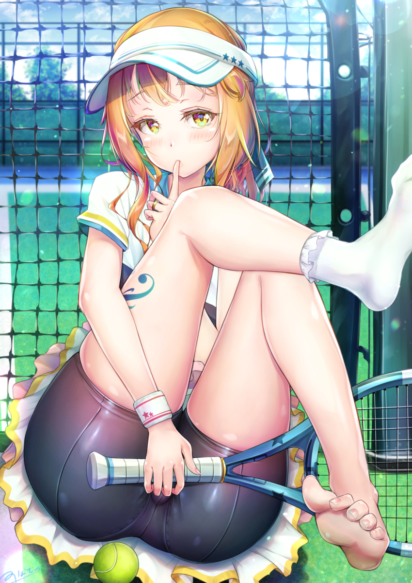 1boy androgynous ass ball blonde_hair blouse blush collared_shirt crossdressing feet finger_to_mouth highres huge_ass long_hair looking_at_viewer male_focus natsusora_wakana novady original racket shiny_skin shirt shorts socks soles solo sportswear tattoo tennis_ball tennis_racket tennis_uniform thighs toes trap white_shirt white_socks wide_hips