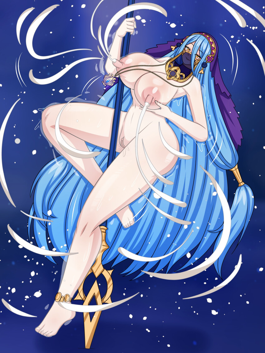 1girl azura_(fire_emblem) azura_(lady_of_ballads)_(fire_emblem) barefoot blue_hair breasts clitoris commission covered_in_milk dancer dancer_outfit dancing female_focus fire_emblem fire_emblem_fates fire_emblem_heroes highres huge_breasts jewelry lactation large_areolae large_breasts long_hair long_nipples looking_at_viewer loutani magic milk milk_stream milkbending mouth_veil nintendo nipples nude pendant perky_breasts pole pole_dancing princess puffy_nipples pussy pussy_juice snowflakes solo story_at_source stripper_pole tagme thick_thighs thighs veil very_long_hair wide_hips yellow_eyes