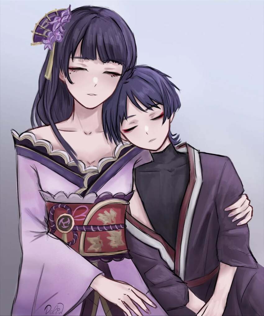 1boy 1girl black_bodysuit blunt_bangs blunt_ends bodysuit breasts chin_rest cleavage closed_eyes collarbone delisha_lia electro_symbol_(genshin_impact) eyelashes eyeliner eyeshadow facing_viewer fan_hair_ornament flower genshin_impact grey_background hair_flower hair_ornament head_on_another&#039;s_shoulder head_on_head head_rest highres japanese_clothes juban kimono leaning_on_person long_hair long_sleeves makeup mandarin_collar mitsudomoe_(shape) mole mole_under_eye mother_and_son obi obiage obijime off_shoulder open_mouth purple_flower purple_kimono purple_nails purple_sleeves raiden_shogun red_eyeliner red_eyeshadow red_kimono sash scaramouche_(genshin_impact) side-by-side signature single_sidelock sitting swept_bangs tassel tassel_hair_ornament three-quarter_sleeves tomoe_(symbol) unconscious white_kimono white_mouth wide_sleeves wispy_bangs