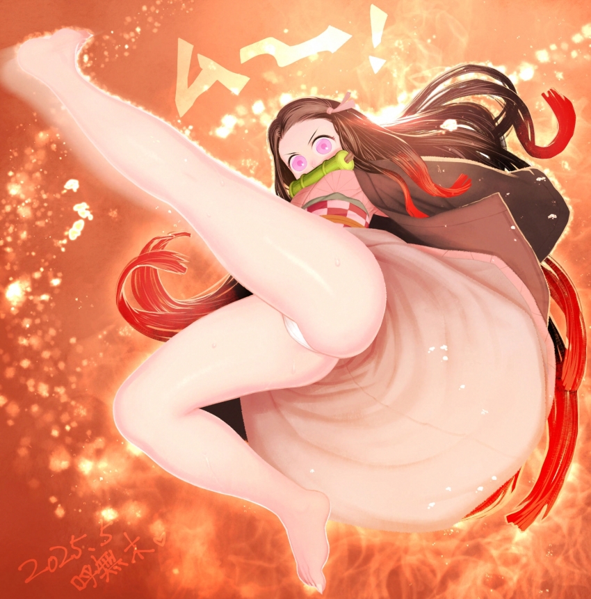 1girl bamboo barefoot bit_gag black_hair black_jacket checkered_sash commentary_request from_below full_body gag highres jacket japanese_clothes kamado_nezuko kimetsu_no_yaiba kimono long_hair looking_at_viewer looking_down open_clothes open_jacket orange_background paid_reward_available panties pink_eyes pink_kimono solo underwear white_panties yonaki