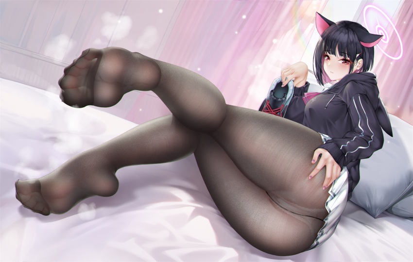 1girl :| animal_ears ass bed black_hair black_hoodie black_jacket blue_archive blush breasts cat_ears closed_mouth colored_inner_hair curtains expressionless extra_ears feet fingernails foot_focus foreshortening full_body grabbing_own_ass hair_ornament hairclip halo highres holding holding_shoes hood hooded_jacket hoodie indoors jacket kamue kazusa_(blue_archive) large_breasts legs long_sleeves looking_at_viewer lying medium_breasts multicolored_hair neckerchief no_shoes panties pantyhose pillow pink_hair pink_halo pink_neckerchief pleated_skirt presenting_foot red_eyes shoes short_hair skirt sneakers soles solo toes two-tone_hair underwear unworn_shoes white_skirt