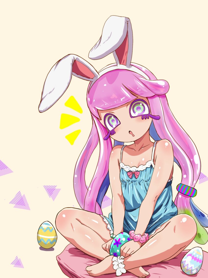 1girl :o alternate_costume animal_ear_hairband animal_ears ankle_garter bare_shoulders barefoot bead_bracelet beads blue_dress bracelet collarbone colored_eyelashes commentary_request dress drooling easter easter_egg egg fake_animal_ears flat_chest gradient_hair green_eyes green_hair hair_ornament hair_scrunchie hairband harmony_(splatoon) highres jewelry long_eyelashes long_hair mouth_drool multicolored_eyes multicolored_hair multicolored_scrunchie nintendo open_mouth pink_hair pink_scrunchie purple_eyes purple_hair purple_pupils rabbit_ears scrunchie sitting sleeveless sleeveless_dress solo splatoon_(series) t2ukmyjm tentacle_hair very_long_hair white_hairband wrist_scrunchie yellow_eyes