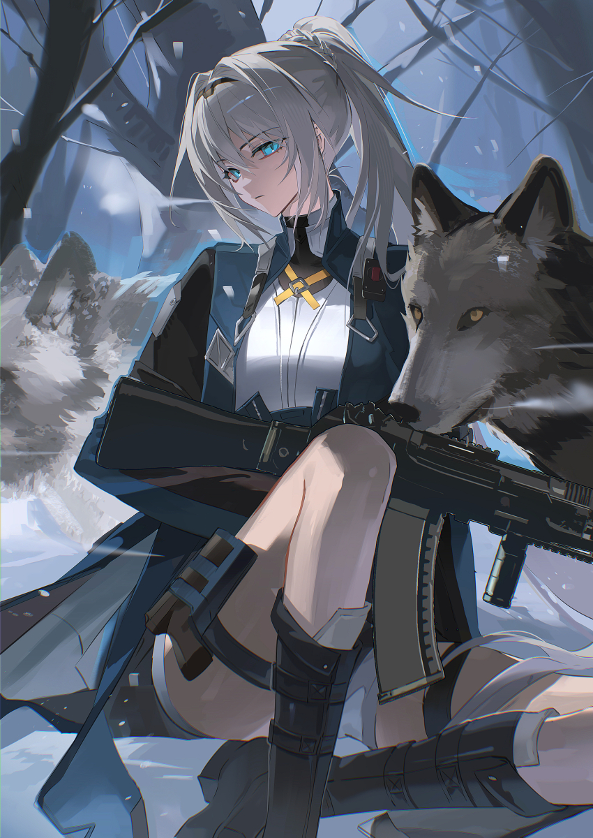 1girl absurdres alva_(girls&#039;_frontline_2) an-94 an-94_(girls&#039;_frontline) assault_rifle blonde_hair blue_eyes boots chinese_commentary commentary_request girls&#039;_frontline girls&#039;_frontline_2:_exilium gun highres long_hair meng_ziya rifle solo tree vertical_foregrip weapon winter wolf