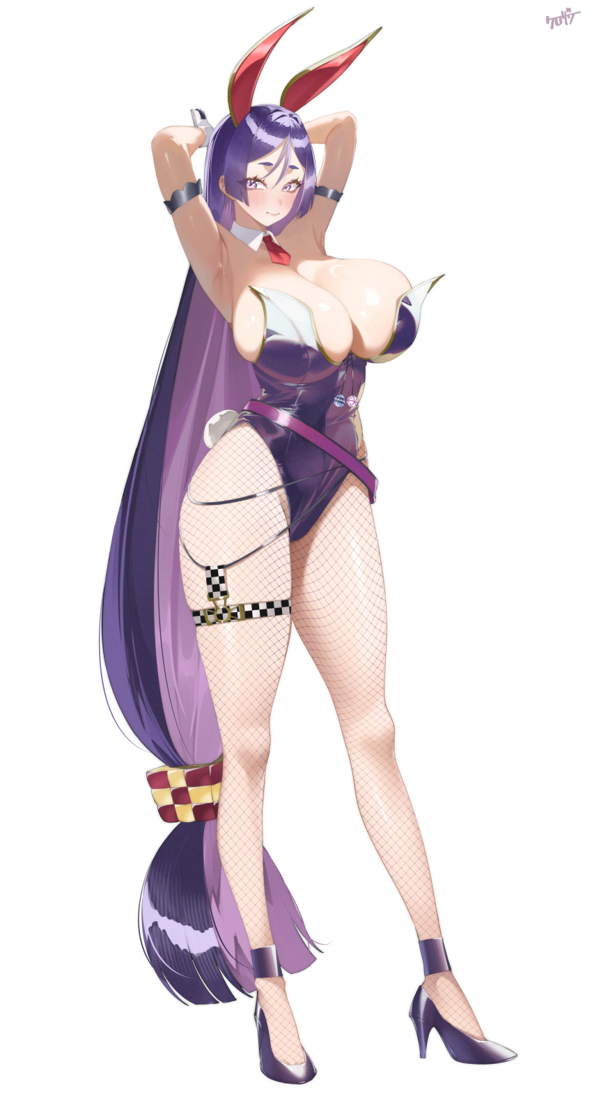 1girl absurdres animal_ears armpits arms_behind_head arms_up bare_shoulders belt breasts cleavage detached_collar fate/grand_order fate_(series) fishnet_pantyhose fishnets full_body gold_trim high_heels highres kurozawa_yui large_breasts leotard long_hair looking_at_viewer minamoto_no_raikou_(bunny_girl_style)_(fate) minamoto_no_raikou_(fate) necktie pantyhose parted_bangs playboy_bunny purple_eyes purple_hair purple_leotard rabbit_ears rabbit_tail solo tail very_long_hair wrist_cuffs
