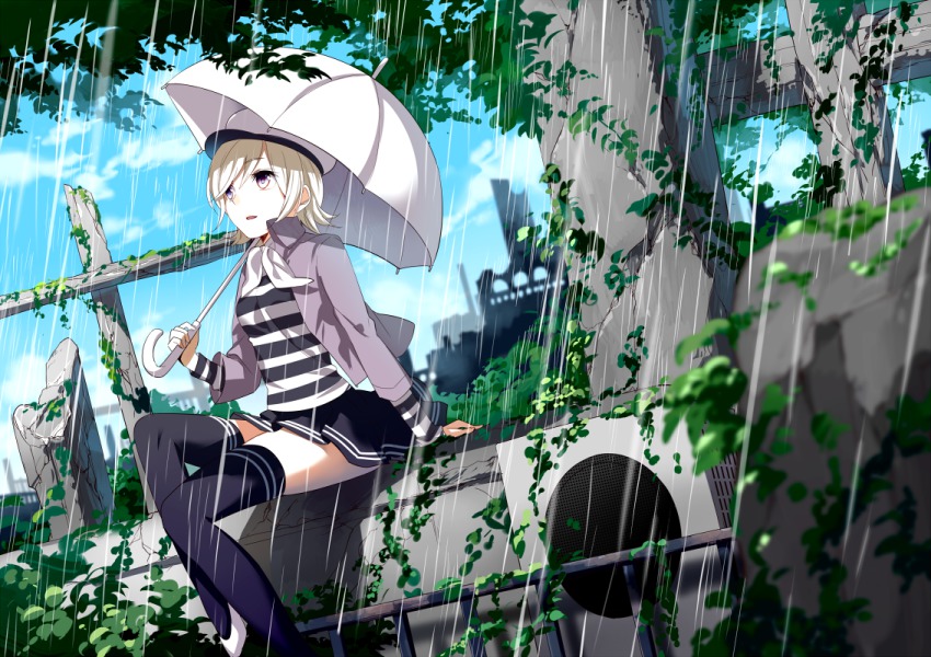 1girl ama_no_jaku_(vocaloid) female_focus gumi purple_eyes rain ruins short_hair sitting solo thighhighs umbrella vocaloid white_hair yuzuki_kihiro