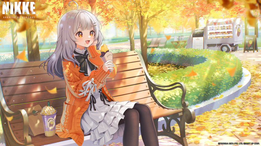 1girl ahoge autumn autumn_leaves bag black_pantyhose commentary day dress english_commentary food food_truck goddess_of_victory:_nikke hand_on_own_cheek hand_on_own_face highres holding holding_food leaf long_hair long_sleeves official_art oli_o_o on_bench open_mouth orange_eyes outdoors pantyhose paper_bag second-party_source sitting smile smoothie snow_white_(innocent_days)_(nikke) snow_white_(nikke) solo sweater sweet_potato white_dress white_hair
