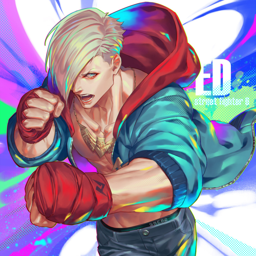 1boy abs blonde_hair blue_eyes blue_hoodie blue_pants character_name collarbone commentary copyright_name cowboy_shot denim ed_(street_fighter) fighting_stance fingerless_gloves gloves groin hair_over_one_eye highres hood hoodie jeans jewelry male_focus male_underwear male_underwear_peek multicolored_hoodie necklace one_eye_covered open_clothes open_hoodie open_mouth pants pectorals punching red_gloves red_hood solo street_fighter street_fighter_6 talgi teeth underwear unzipped zipper