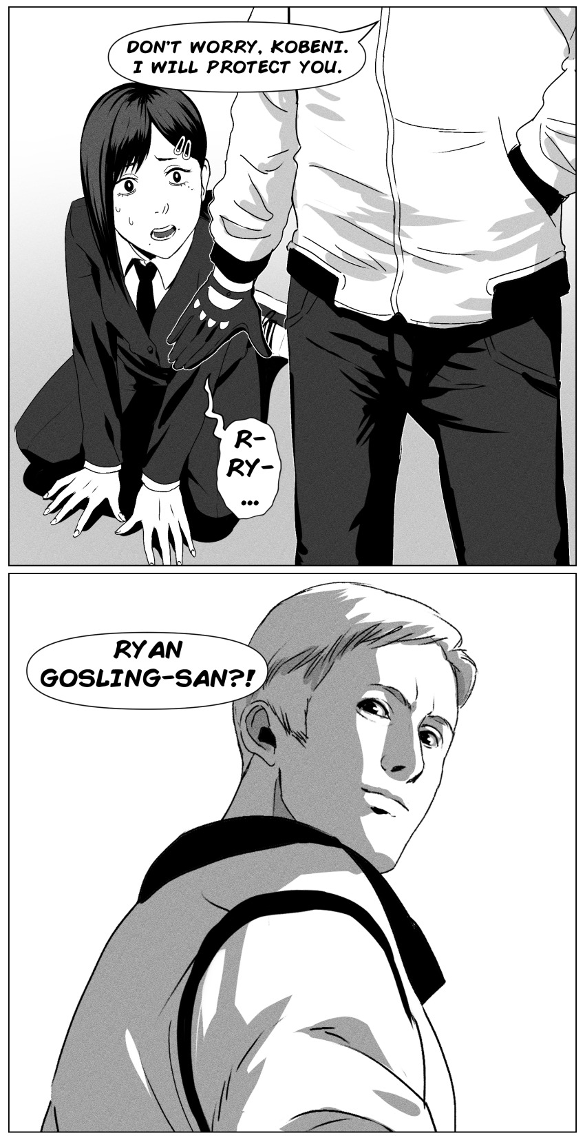 1boy 1girl absurdres black_hair business_suit chainsaw_man drive_(movie) english_text formal_clothes francisco_mon gloves greyscale hair_ornament hairclip higashiyama_kobeni highres jacket meme monochrome necktie real_life ryan_gosling suit
