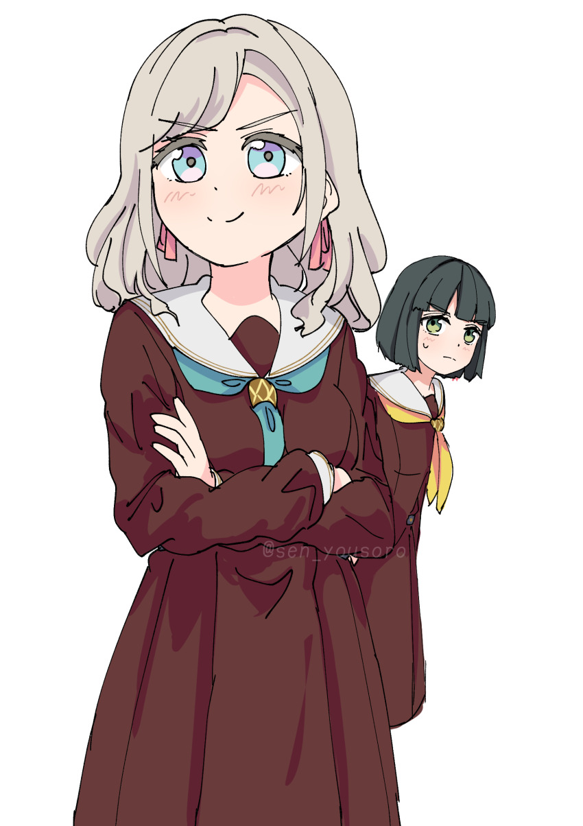 &gt;:) 2girls absurdres aqua_neckerchief behind_another black_hair blue_eyes blunt_bangs blunt_ends blush bob_cut breasts brown_dress can&#039;t_be_this_cute ceras_yanagida_lilienfeld closed_mouth commentary crossed_arms dress green_eyes grey_hair hair_ribbon hasu_no_sora_school_uniform highres link!_like!_love_live! long_hair long_sleeves looking_at_another looking_at_viewer love_live! medium_breasts momose_ginko multiple_girls neckerchief ore_no_imouto_ga_konna_ni_kawaii_wake_ga_nai parody pink_ribbon pleated_dress ribbon sailor_collar sailor_dress school_uniform sen_yousoro short_hair simple_background smile split_mouth sweatdrop swept_bangs twitter_username v-shaped_eyebrows virtual_youtuber white_background white_sailor_collar winter_uniform yellow_neckerchief