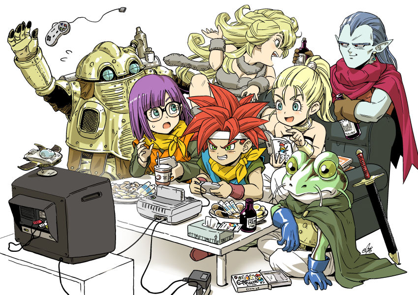 3girls absurdres ayla_(chrono_trigger) blonde_hair blue_eyes book breasts chrono_trigger closed_mouth couch crono_(chrono_trigger) drink ebiten_(ebi10d) epoch food frog_(chrono_trigger) game_console glasses highres long_hair lucca_ashtear magus_(chrono_trigger) marle_(chrono_trigger) multiple_girls open_mouth ponytail purple_hair robo_(chrono_trigger) short_hair simple_background smile super_famicom sword television weapon white_background