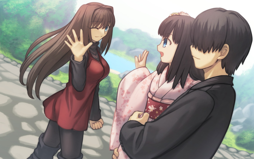 1boy 2girls aozaki_aoko black_footwear black_jacket black_pantyhose black_sweater blue_eyes boots breasts brown_hair dress hair_intakes jacket japanese_clothes kara_no_kyoukai kimono kokutou_mikiya large_breasts long_hair long_sleeves mahou_tsukai_no_yoru multiple_girls open_mouth pantyhose pink_kimono red_dress ryougi_mana shoori_(migiha) short_dress short_hair sidelocks smile sweater thigh_boots thighs