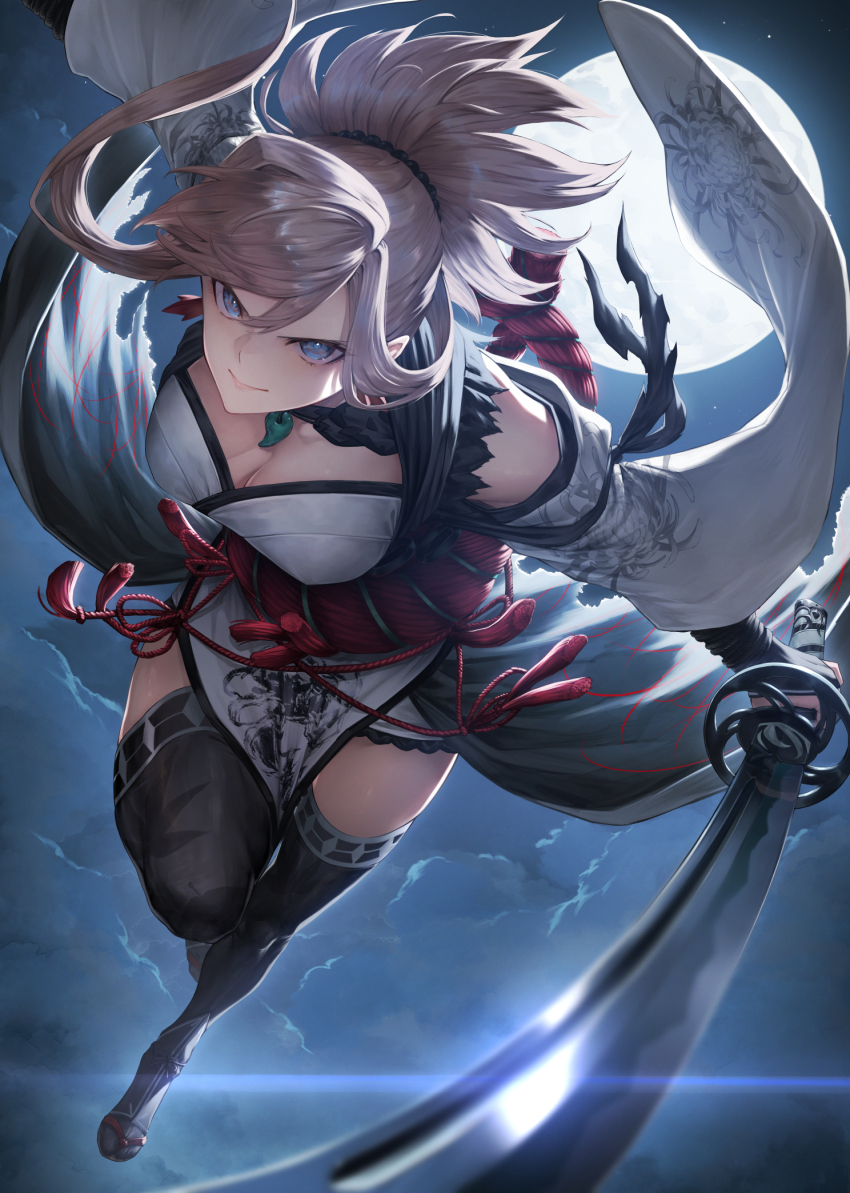 1girl airborne black_thighhighs blue_eyes breasts closed_mouth commentary_request detached_sleeves earrings fate/samurai_remnant fate_(series) foreshortening full_moon grey_hair grey_kimono grey_sleeves high_ponytail highres holding holding_sword holding_weapon japanese_clothes jewelry katana kimono large_breasts leaf_earrings leaning_forward looking_at_viewer miyamoto_musashi_(fate) miyamoto_musashi_(woman_of_niten_ichiryuu)_(fate) moon mugetsu2501 night night_sky ponytail print_kimono rope sandals serious shimenawa sky sleeveless sleeveless_kimono solo sword thighhighs weapon wide_sleeves