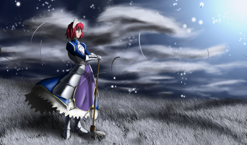 1girl absurdres armor armored_dress artoria_pendragon_(fate) blue_eyes cloud cloudy_sky cosplay dress fate/stay_night fate_(series) field gauntlets highres hisui_(tsukihime) holding holding_mop kuroi-kenshi long_sleeves maid mop red_hair saber_(fate) saber_(fate)_(cosplay) short_hair sky solo tsukihime type-moon wind