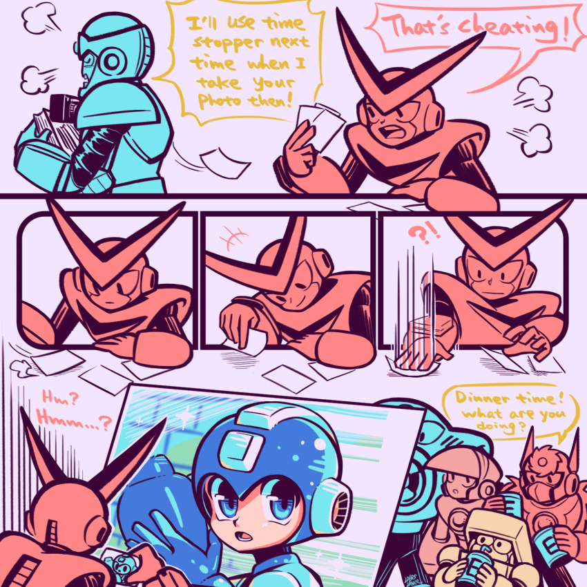 !? 5boys air_man blue_eyes comic crash_man energy_tank english_text flash_man heat_man highres holding holding_photo humanoid_robot laser-lance mega_man_(character) mega_man_(classic) mega_man_(series) mega_man_2 metal_man multiple_boys photo_(object) quick_man robot speech_bubble