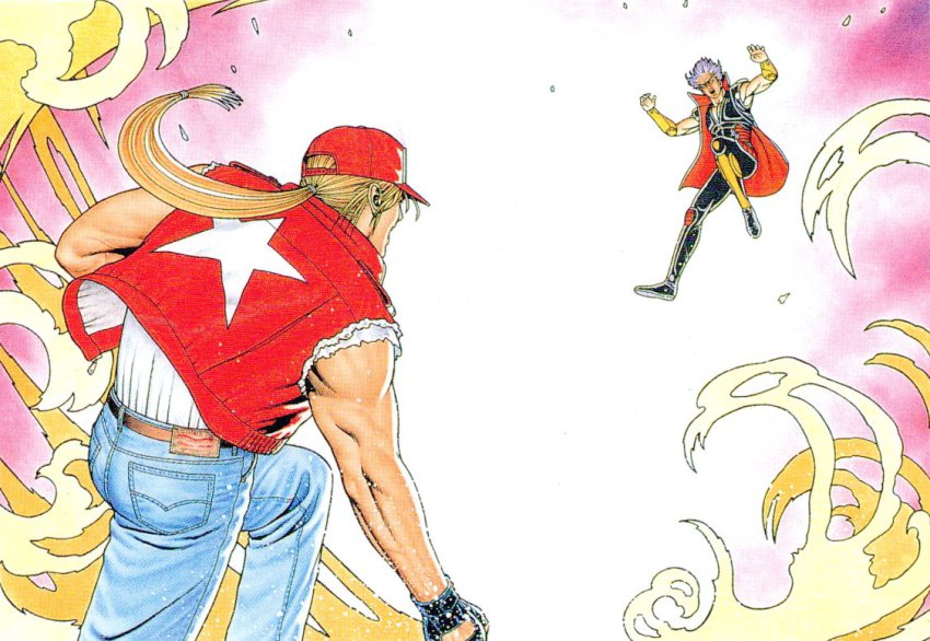 1990s_(style) battle fatal_fury fighting jumping laocorn_gaudeamus mori_toshiaki muscular neo_geo official_art purple_hair snk terry_bogard