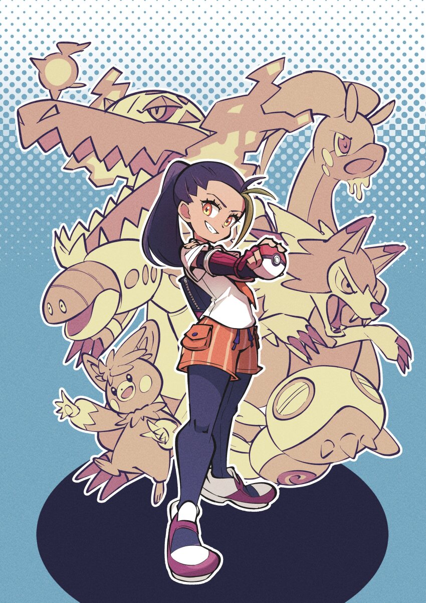1girl absurdres black_hair dark-skinned_female dark_skin dudunsparce fangs fire_bird_(skeledirge) full_body gen_6_pokemon gen_7_pokemon gloves goodra green_hair grin hair_pulled_back highres holding holding_poke_ball long_hair looking_at_viewer lycanroc lycanroc_(midday) multicolored_hair naranja_academy_school_uniform necktie nemona_(pokemon) nintendo onozawa_(buresu21) open_mouth orange_eyes orange_necktie orange_shorts orthworm pantyhose pawmot poke_ball poke_ball_(basic) pokemon pokemon_(creature) pokemon_sv ponytail school_uniform shirt short_sleeves shorts skeledirge smile streaked_hair two-tone_hair