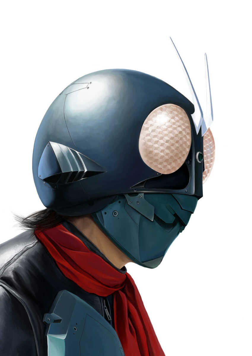 1boy antennae armor armored_bodysuit black_bodysuit bodysuit bug commentary compound_eyes gattyo glowing glowing_eyes grasshopper green_armor green_helmet helmet highres insect kamen_rider kamen_rider_1 kamen_rider_1_(shin) leather_suit looking_to_the_side male_focus portrait red_eyes red_scarf scarf shin_kamen_rider short_hair simple_background solo tokusatsu white_background zipper