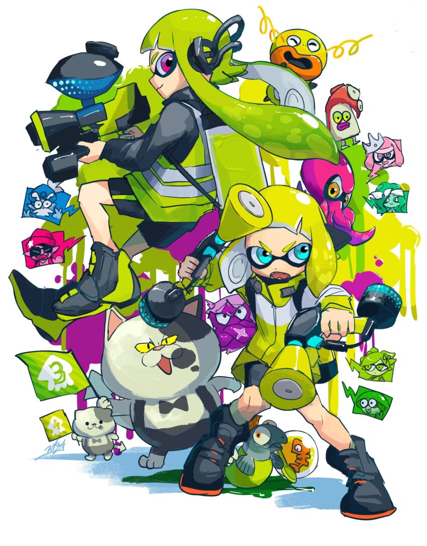 2girls agent_3_(splatoon) agent_4_(splatoon) bike_shorts black_footwear blonde_hair blue_eyes boots callie_(agent_1_casual)_(splatoon) callie_(splatoon) cap&#039;n_cuttlefish chum_(splatoon) closed_mouth dj_octavio doggo_1d34 golden_egg_(splatoon) green_hair gun hero_dualies_(splatoon) hero_shot_(splatoon_1) high-visibility_clothing high-visibility_vest highres holding holding_gun holding_weapon inkling inkling_girl inkling_player_character judd_(splatoon) li&#039;l_judd_(splatoon) long_hair marie_(kimono)_(splatoon) marie_(splatoon) marina_(dj_hyperfresh)_(splatoon) marina_(splatoon) medium_hair multiple_girls nintendo octopus octotrooper pearl_(mc.princess)_(splatoon) pearl_(splatoon) purple_eyes sheldon_(splatoon) simple_background smile solid_circle_eyes splatoon_(series) splatoon_2 tentacle_hair v-shaped_eyebrows weapon white_background yellow_eyes zapfish