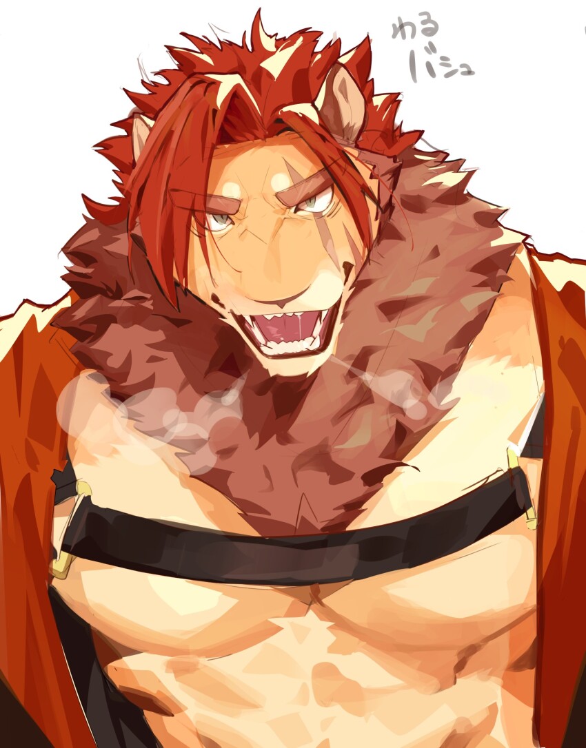1boy abs animal_ears another_eidos-r bara bashkar_(another_eidos) fangs furry furry_male highres lion_boy lion_ears lion_mane looking_at_viewer male_focus muscular muscular_male open_mouth pectorals scar scar_across_eye scar_on_face tokuni_(toktoktokuni) translation_request upper_body white_background