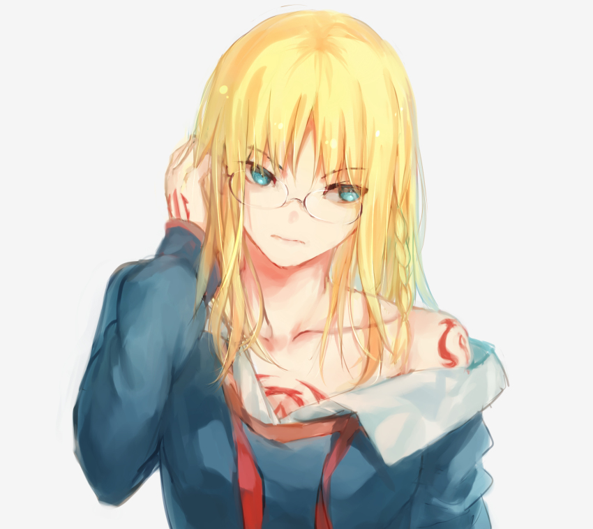 1girl adjusting_hair blonde_hair blue_eyes body_markings braid command_spell fate/strange_fake fate_(series) female_focus fuurin glasses highres long_hair looking_to_the_side off_shoulder sajou_ayaka_(fate/prototype) sajou_ayaka_(fate/strange_fake) solo