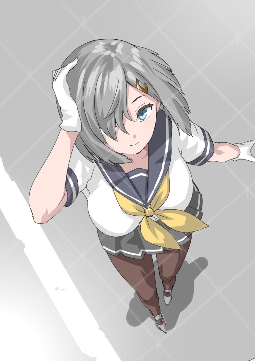 1girl 30-06 black_pantyhose blue_eyes breasts from_above gloves grey_hair grey_sailor_collar grey_skirt hair_ornament hair_over_one_eye hairclip hamakaze_(kancolle) highres kantai_collection large_breasts looking_at_viewer neckerchief pantyhose sailor_collar sailor_shirt school_uniform serafuku shirt short_hair skirt smile solo watermark watermark_grid white_gloves white_shirt yellow_neckerchief