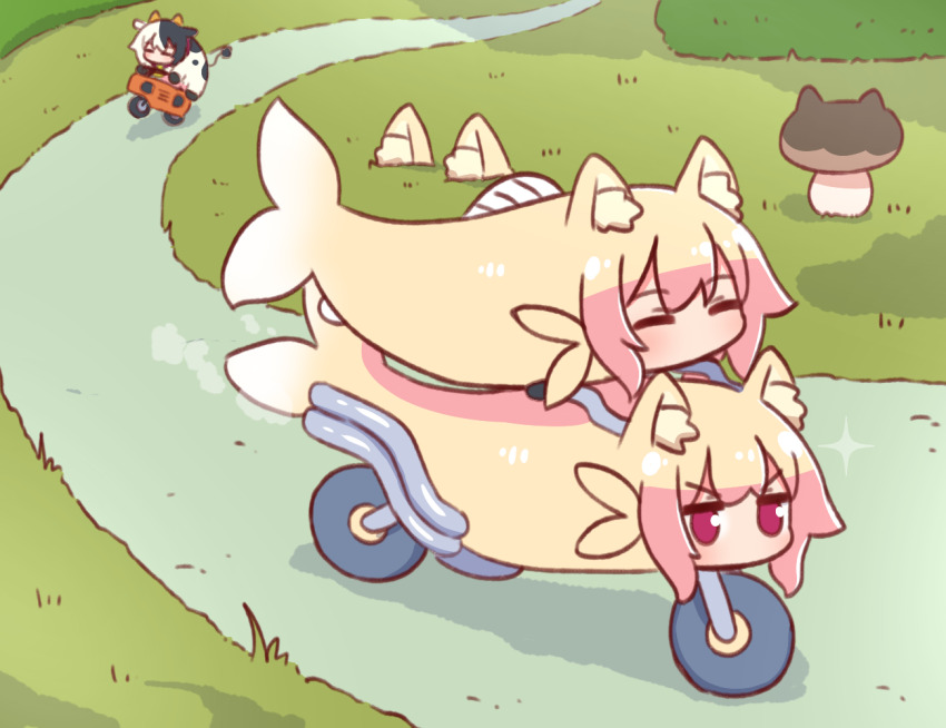 animal_ear_fluff animal_ears bicycle closed_eyes cow day fox_ears jitome kemomimi-chan_(fish)_(naga_u) kemomimi-chan_(naga_u) mushroom naga_u no_mouth original outdoors red_eyes