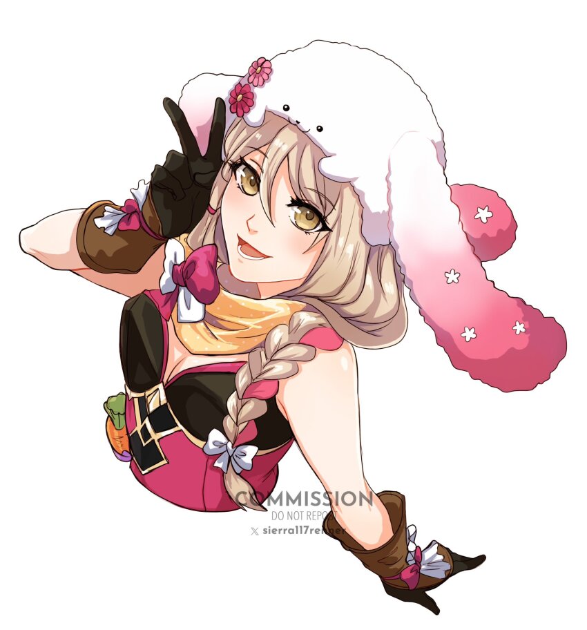 1girl :d black_gloves bow braid breasts brown_eyes brown_hair cleavage commission cropped_torso fire_emblem fire_emblem_engage fire_emblem_heroes framme_(fire_emblem) framme_(spring)_(fire_emblem) gloves highres looking_at_viewer nintendo open_mouth sierra117renner simple_background smile solo upper_body v white_background