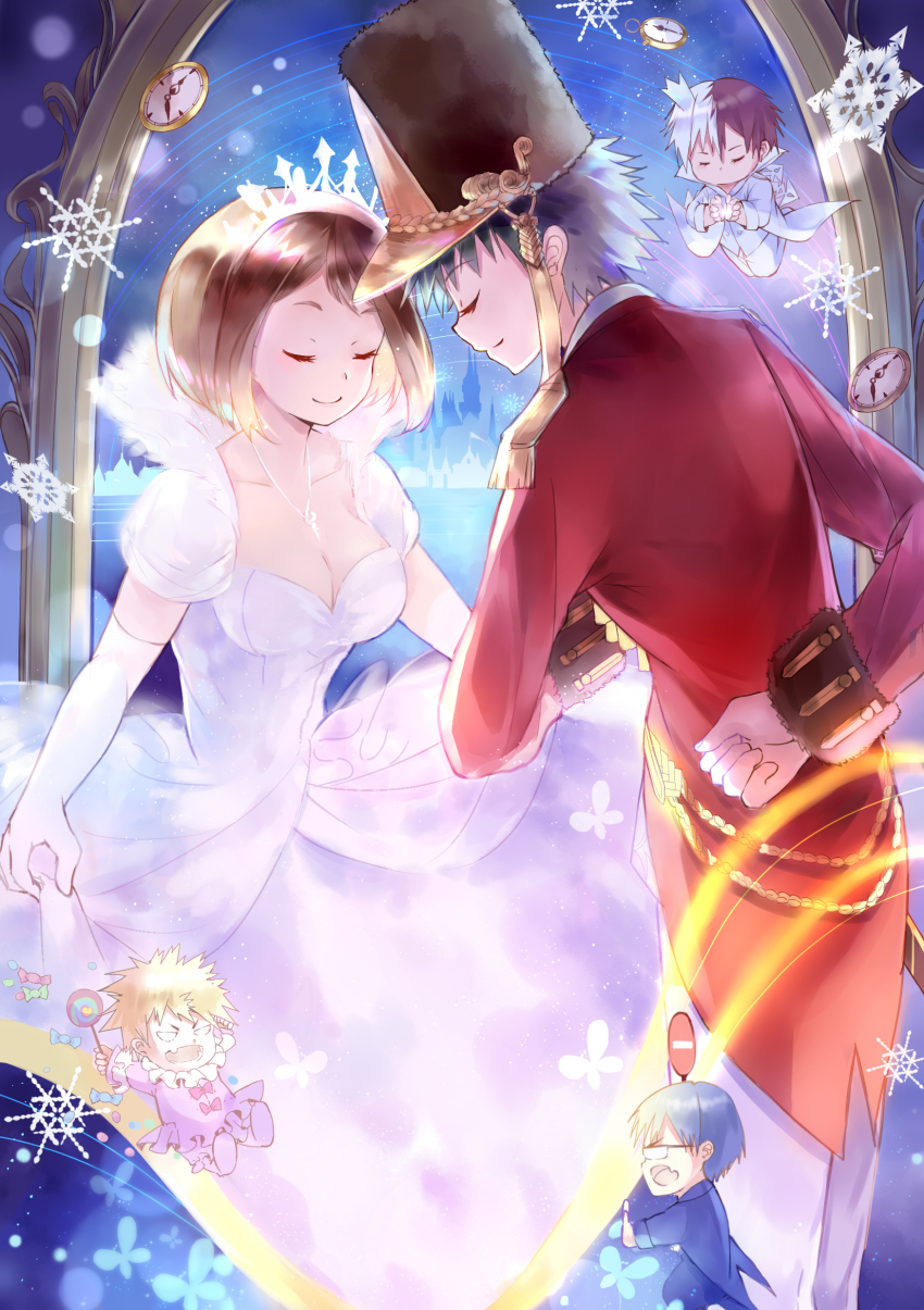 10s 1girl 4boys absurdres amicis_(amisic) bad_id bad_pixiv_id bakugou_katsuki blue_hair boku_no_hero_academia breasts brown_hair chibi chibi_inset cleavage clock closed_eyes commentary crown dress elbow_gloves english_commentary floating fur_hat gloves hat highres iida_tenya medium_breasts messy_hair midoriya_izuku military military_uniform mini_crown multicolored_hair multiple_boys short_hair smile snowflakes the_nutcracker tiara todoroki_shouto two-tone_hair uraraka_ochako white_dress white_gloves white_hair