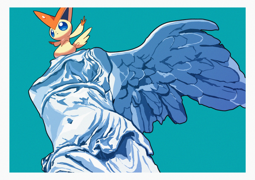 absurdres blue_eyes border bright_pupils closed_mouth from_below gen_5_pokemon green_background highres legendary_pokemon mythical_pokemon nintendo no_humans outstretched_arms pokemon pokemon_(creature) saiku_(zvlku) solo standing statue victini white_border white_pupils