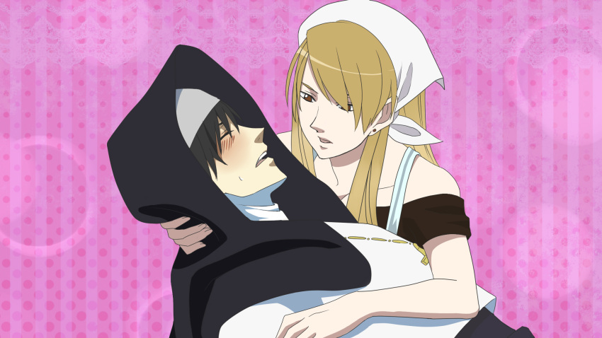1boy 1girl arakawa_under_the_bridge black_hair blonde_hair brown_eyes commentary_request cosplay cross cross_necklace dress earrings fullmetal_alchemist hair_over_one_eye headscarf highres ichita_kuuto jewelry long_hair maria_(arakawa) maria_(arakawa)_(cosplay) necklace nun off-shoulder_dress off_shoulder pink_background riza_hawkeye roy_mustang sister_(arakawa) sister_(arakawa)_(cosplay) striped_background stud_earrings sweatdrop traditional_nun white_headscarf