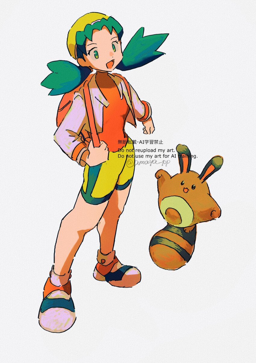 1girl :d amaya_uw backpack bag bike_shorts commentary_request gen_2_pokemon green_eyes green_hair hat highres holding_strap jacket kris_(pokemon) long_hair nintendo open_clothes open_jacket open_mouth pokemon pokemon_(creature) pokemon_gsc red_shirt sentret shirt shoes simple_background smile standing twintails twitter_username watermark white_background yellow_hat