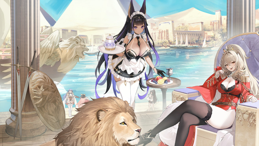 5girls absurdly_long_hair aiguillette ancient_egyptian animal animal_ears apron azur_lane bare_shoulders between_breasts black_boots black_dress black_gloves black_hair black_necktie black_shoes black_thighhighs blonde_hair boots bra breasts cannon cape cleavage cleopatra_(azur_lane) clothing_cutout crossed_legs dark-skinned_female dark_skin detached_sleeves dress earrings epaulettes frilled_dress frills full_body gallant_(azur_lane) game_cg garter_straps gloves gold_trim hair_between_eyes hair_ornament high_heel_boots high_heels highres jackal_ears jackal_girl jewelry large_breasts lion lion_(azur_lane) long_hair long_sleeves looking_at_viewer maid maid_apron medal multicolored_hair multiple_girls necktie necktie_between_breasts non-web_source official_art open_mouth purple_eyes purple_hair pyramid_(structure) red_cape red_dress red_sleeves river shield shoes sitting smile stiletto_heels sword tan tanline teeth thighhighs throne trafalgar_(azur_lane) trinidad_(azur_lane) two-tone_hair underwear very_long_hair weapon white_thighhighs wide_sleeves wings zettai_ryouiki